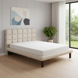 HomeRoots Beige Upholstered Queen Bed Frame - Elegant Polyester Design, Solid Birch Wood, Cozy Retreat Space 625645