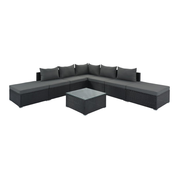 HomeRoots Two Piece Gray Wicker Sectional Seating Group with Cushions & Coffee Table for Outdoor Comfort 625671