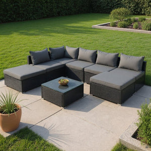 HomeRoots Two Piece Gray Wicker Sectional Seating Group with Cushions & Coffee Table for Outdoor Comfort 625671