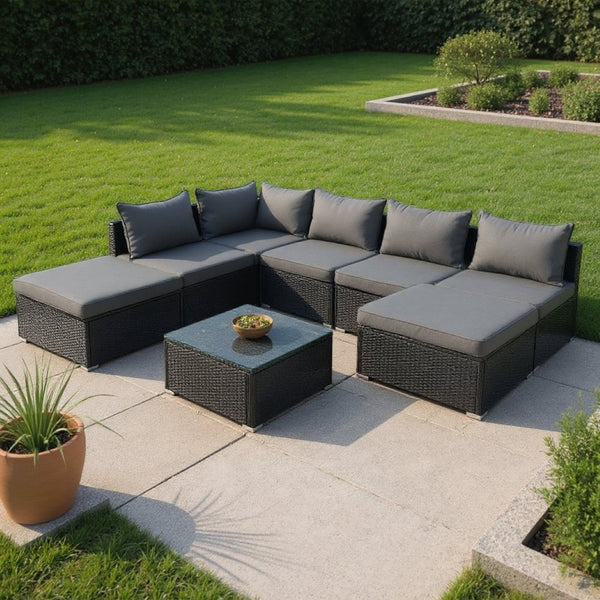 HomeRoots Two Piece Gray Wicker Sectional Seating Group with Cushions & Coffee Table for Outdoor Comfort 625671