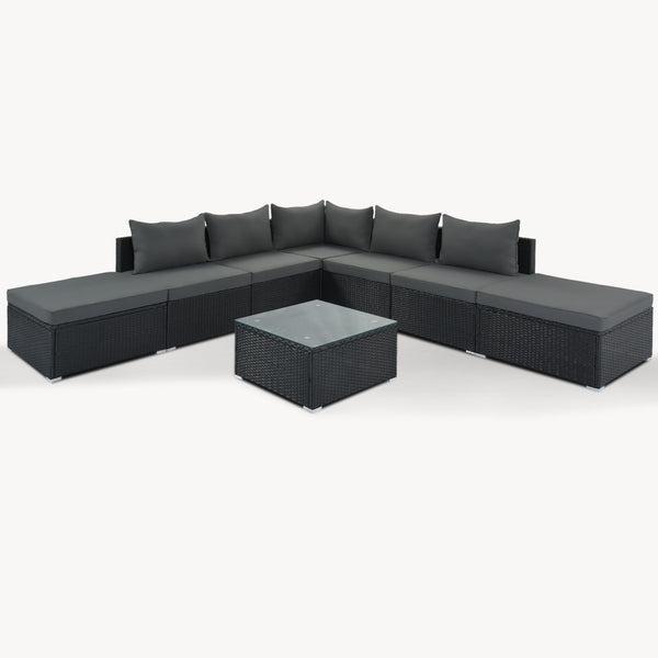 HomeRoots Two Piece Gray Wicker Sectional Seating Group with Cushions & Coffee Table for Outdoor Comfort 625671
