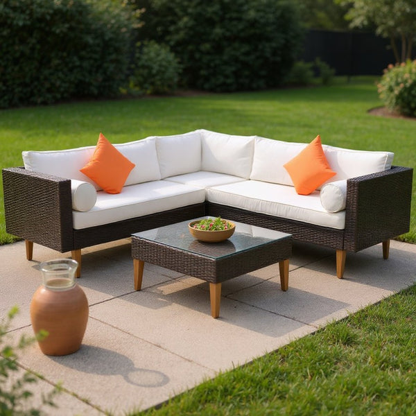 HomeRoots Two Piece Outdoor Wicker Sectional Seating Set with Beige Cushions & Coffee Table for Patios 625675