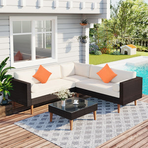 HomeRoots Two Piece Outdoor Wicker Sectional Seating Set with Beige Cushions & Coffee Table for Patios 625675