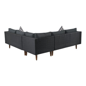 HomeRoots Two Piece Outdoor Wicker Sectional Seating Group with Plush Black Cushions & Coffee Table Set 625676