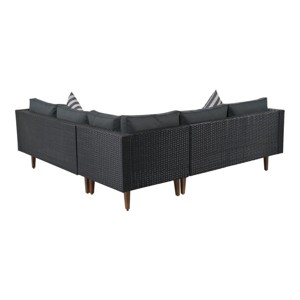 HomeRoots Two Piece Outdoor Wicker Sectional Seating Group with Plush Black Cushions & Coffee Table Set 625676