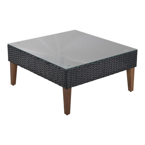 HomeRoots Two Piece Outdoor Wicker Sectional Seating Group with Plush Black Cushions & Coffee Table Set 625676