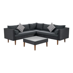 HomeRoots Two Piece Outdoor Wicker Sectional Seating Group with Plush Black Cushions & Coffee Table Set 625676