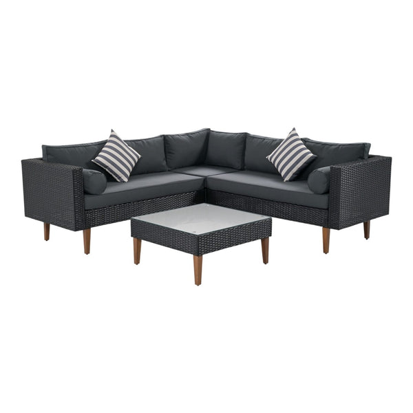 HomeRoots Two Piece Outdoor Wicker Sectional Seating Group with Plush Black Cushions & Coffee Table Set 625676