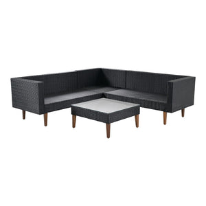 HomeRoots Two Piece Outdoor Wicker Sectional Seating Group with Plush Black Cushions & Coffee Table Set 625676
