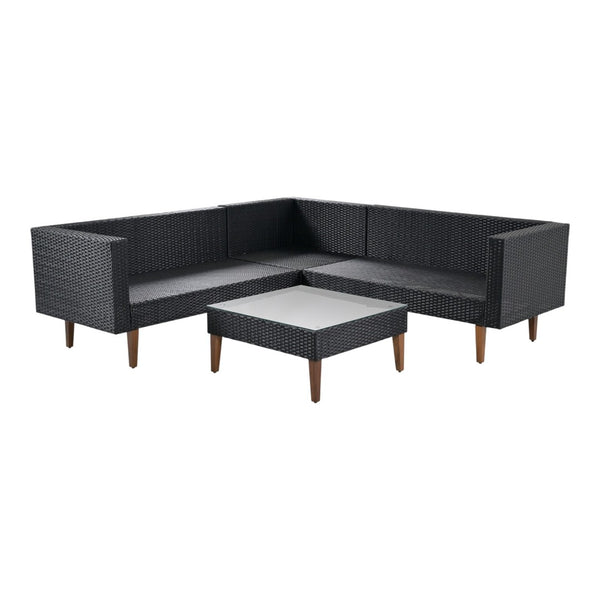 HomeRoots Two Piece Outdoor Wicker Sectional Seating Group with Plush Black Cushions & Coffee Table Set 625676