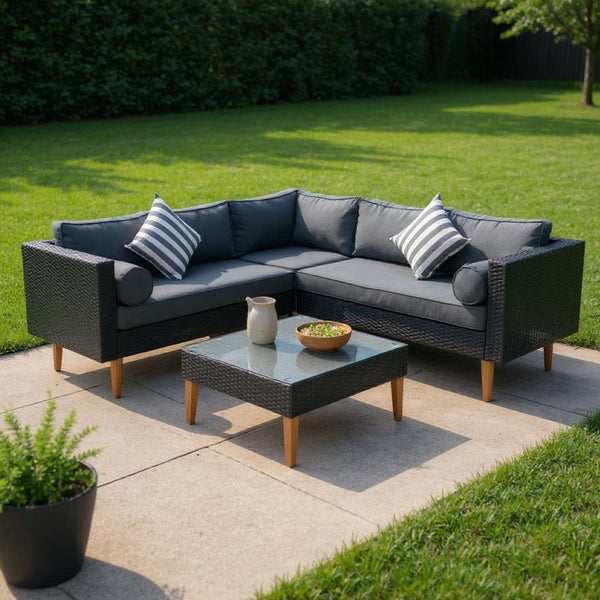 HomeRoots Two Piece Outdoor Wicker Sectional Seating Group with Plush Black Cushions & Coffee Table Set 625676