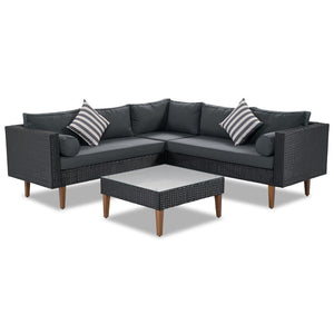 HomeRoots Two Piece Outdoor Wicker Sectional Seating Group with Plush Black Cushions & Coffee Table Set 625676