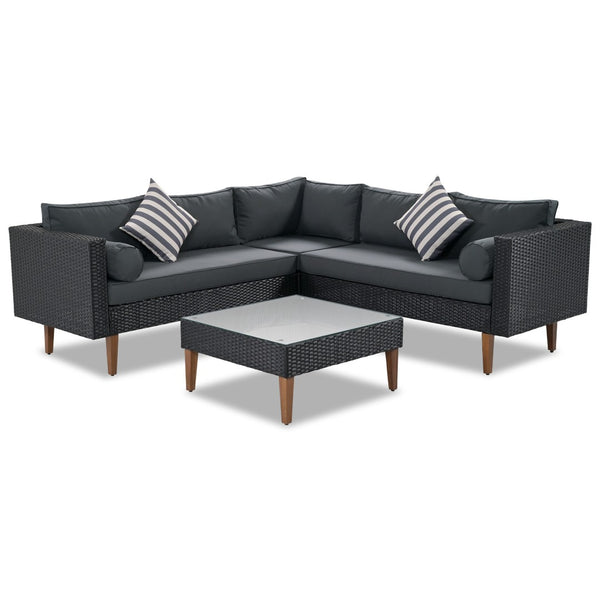 HomeRoots Two Piece Outdoor Wicker Sectional Seating Group with Plush Black Cushions & Coffee Table Set 625676