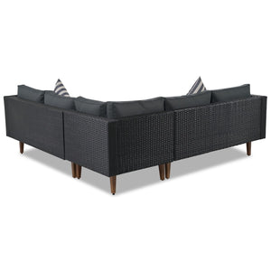 HomeRoots Two Piece Outdoor Wicker Sectional Seating Group with Plush Black Cushions & Coffee Table Set 625676