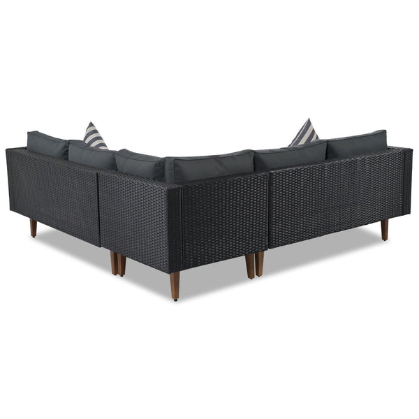 HomeRoots Two Piece Outdoor Wicker Sectional Seating Group with Plush Black Cushions & Coffee Table Set 625676