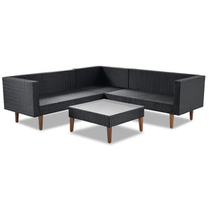 HomeRoots Two Piece Outdoor Wicker Sectional Seating Group with Plush Black Cushions & Coffee Table Set 625676