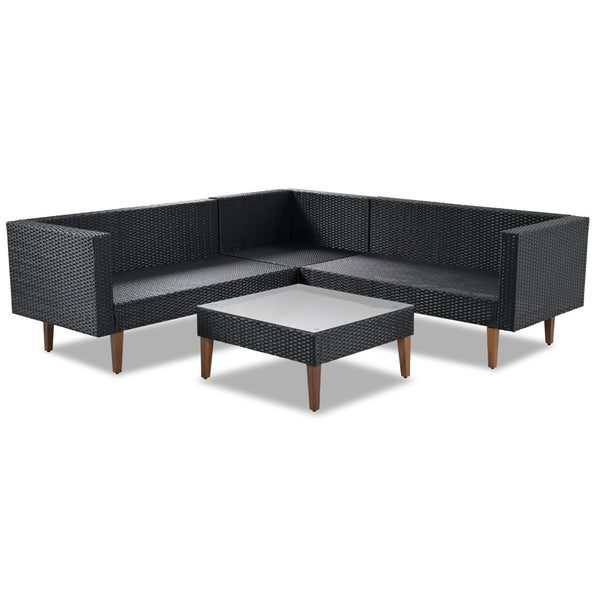 HomeRoots Two Piece Outdoor Wicker Sectional Seating Group with Plush Black Cushions & Coffee Table Set 625676