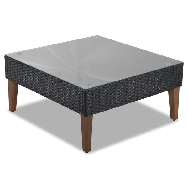 HomeRoots Two Piece Outdoor Wicker Sectional Seating Group with Plush Black Cushions & Coffee Table Set 625676