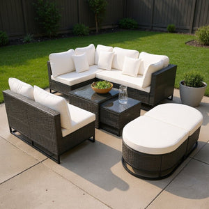 HomeRoots Two Piece Outdoor Sectional Seating Set with Beige Cushions & Coffee Table for Stylish Patios 625677