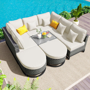 HomeRoots Two Piece Outdoor Sectional Seating Set with Beige Cushions & Coffee Table for Stylish Patios 625677