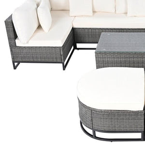 HomeRoots Two Piece Outdoor Sectional Seating Set with Beige Cushions & Coffee Table for Stylish Patios 625677