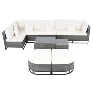 HomeRoots Two Piece Outdoor Sectional Seating Set with Beige Cushions & Coffee Table for Stylish Patios 625677
