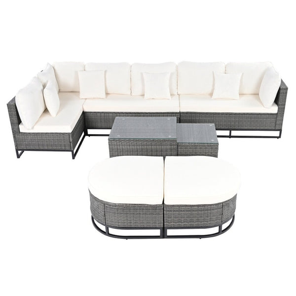 HomeRoots Two Piece Outdoor Sectional Seating Set with Beige Cushions & Coffee Table for Stylish Patios 625677