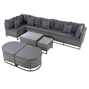 HomeRoots Two Piece Outdoor Wicker Sectional Set with Gray Cushions & Coffee Table for Modern Patios 625678