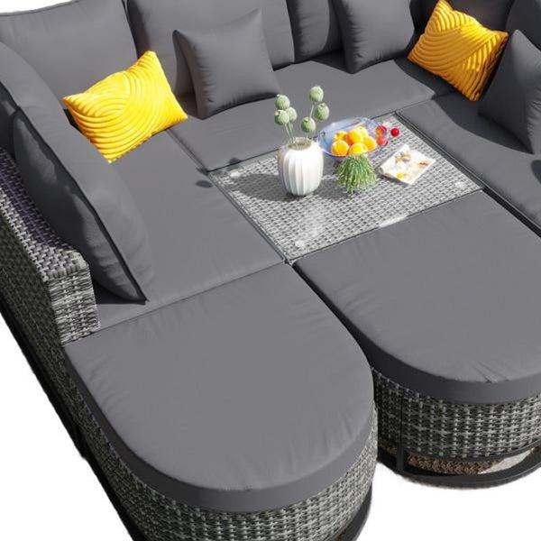 HomeRoots Two Piece Outdoor Wicker Sectional Set with Gray Cushions & Coffee Table for Modern Patios 625678