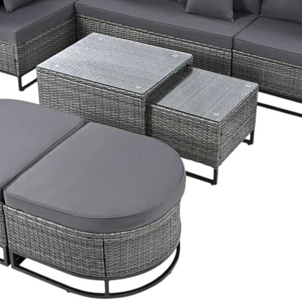 HomeRoots Two Piece Outdoor Wicker Sectional Set with Gray Cushions & Coffee Table for Modern Patios 625678