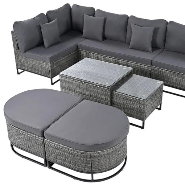 HomeRoots Two Piece Outdoor Wicker Sectional Set with Gray Cushions & Coffee Table for Modern Patios 625678