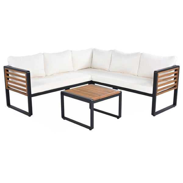 HomeRoots Two Piece Outdoor Sectional Seating Group with Soft Beige Cushions & Durable Metal Frame Design 625679