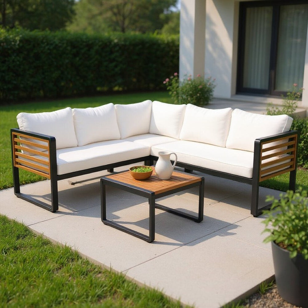 HomeRoots Two Piece Outdoor Sectional Seating Group with Soft Beige Cushions & Durable Metal Frame Design 625679