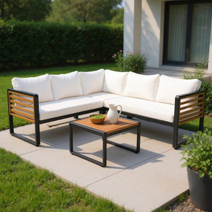 HomeRoots Two Piece Outdoor Sectional Seating Group with Soft Beige Cushions & Durable Metal Frame Design 625679
