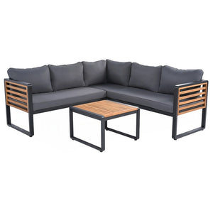 HomeRoots Two Piece Outdoor Gray Metal Sectional Seating Group with Cushions & Acacia Coffee Table Set-Up 625680