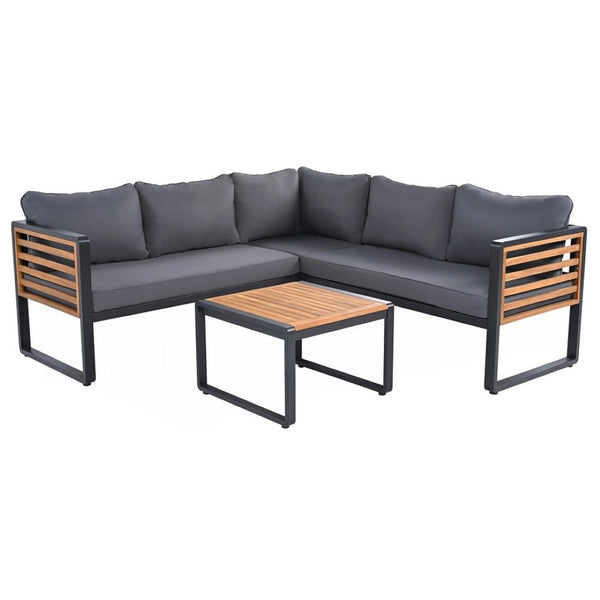 HomeRoots Two Piece Outdoor Gray Metal Sectional Seating Group with Cushions & Acacia Coffee Table Set-Up 625680