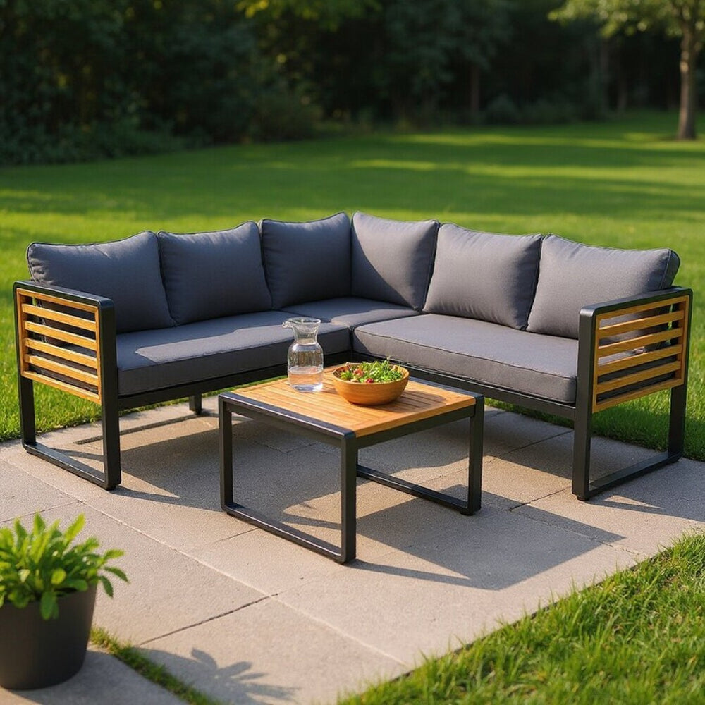 HomeRoots Two Piece Outdoor Gray Metal Sectional Seating Group with Cushions & Acacia Coffee Table Set-Up 625680
