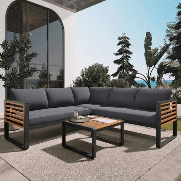 HomeRoots Two Piece Outdoor Gray Metal Sectional Seating Group with Cushions & Acacia Coffee Table Set-Up 625680