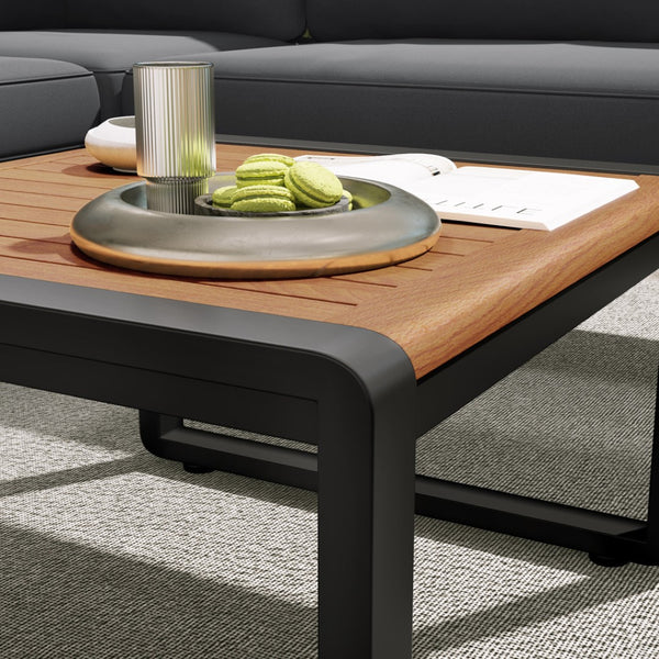 HomeRoots Two Piece Outdoor Gray Metal Sectional Seating Group with Cushions & Acacia Coffee Table Set-Up 625680
