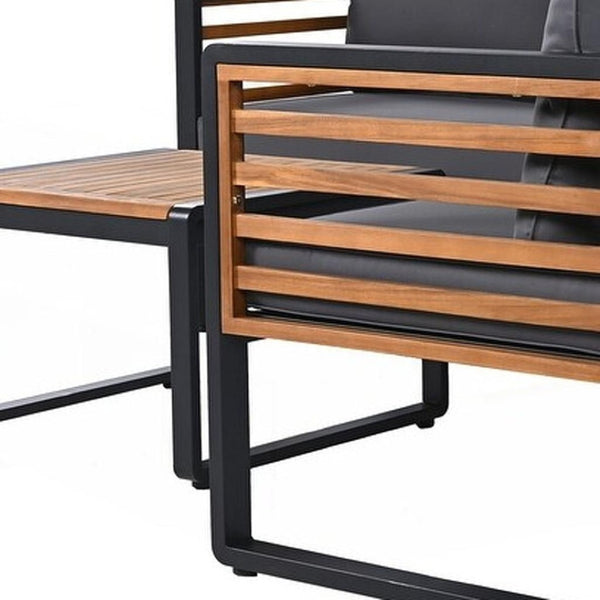 HomeRoots Two Piece Outdoor Gray Metal Sectional Seating Group with Cushions & Acacia Coffee Table Set-Up 625680