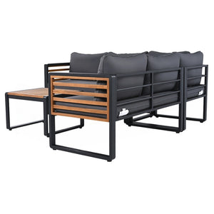 HomeRoots Two Piece Outdoor Gray Metal Sectional Seating Group with Cushions & Acacia Coffee Table Set-Up 625680