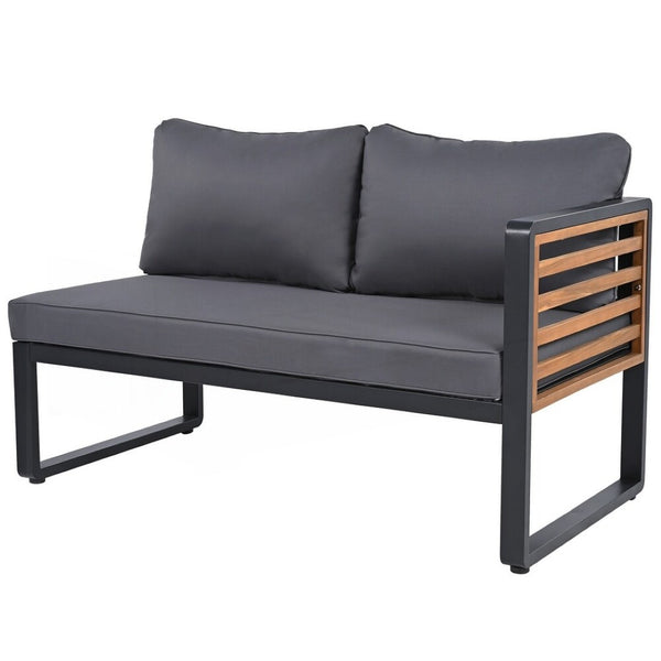 HomeRoots Two Piece Outdoor Gray Metal Sectional Seating Group with Cushions & Acacia Coffee Table Set-Up 625680
