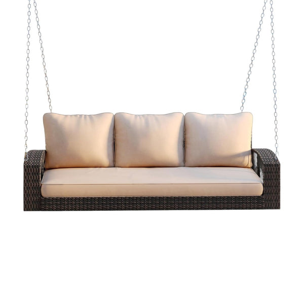HomeRoots 69" Brown Woven Rattan Swing Chair with Plush Beige Cushions – Perfect for Outdoor Relaxation & Style 625694