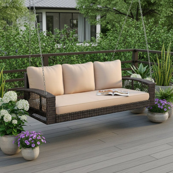 HomeRoots 69" Brown Woven Rattan Swing Chair with Plush Beige Cushions – Perfect for Outdoor Relaxation & Style 625694
