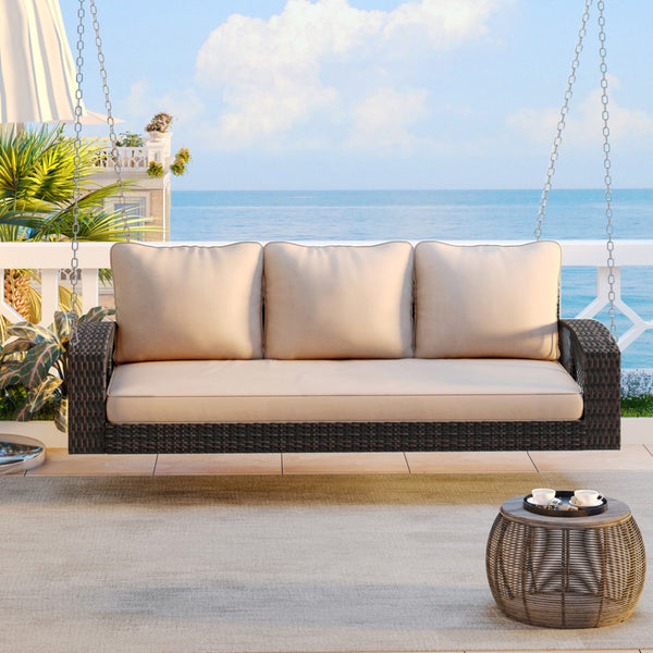 HomeRoots 69" Brown Woven Rattan Swing Chair with Plush Beige Cushions – Perfect for Outdoor Relaxation & Style 625694