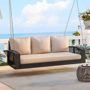 HomeRoots 69" Brown Woven Rattan Swing Chair with Plush Beige Cushions – Perfect for Outdoor Relaxation & Style 625694