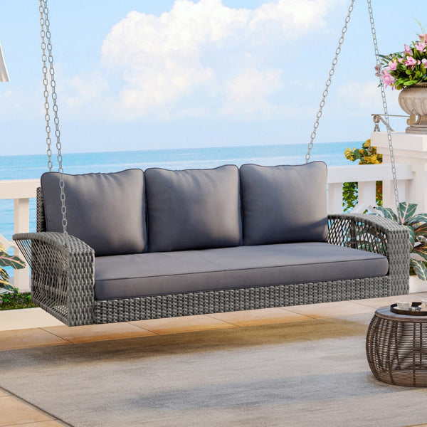 HomeRoots 69" Gray Woven Rattan Outdoor Swing Chair - Spacious & Stylish with Removable Cushions for Comfort 625695