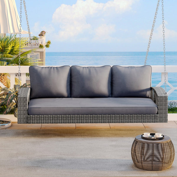HomeRoots 69" Gray Woven Rattan Outdoor Swing Chair - Spacious & Stylish with Removable Cushions for Comfort 625695