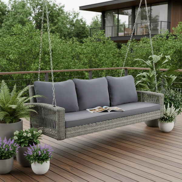 HomeRoots 69" Gray Woven Rattan Outdoor Swing Chair - Spacious & Stylish with Removable Cushions for Comfort 625695