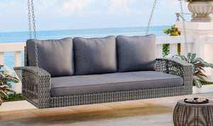 HomeRoots 69" Gray Woven Rattan Outdoor Swing Chair - Spacious & Stylish with Removable Cushions for Comfort 625695